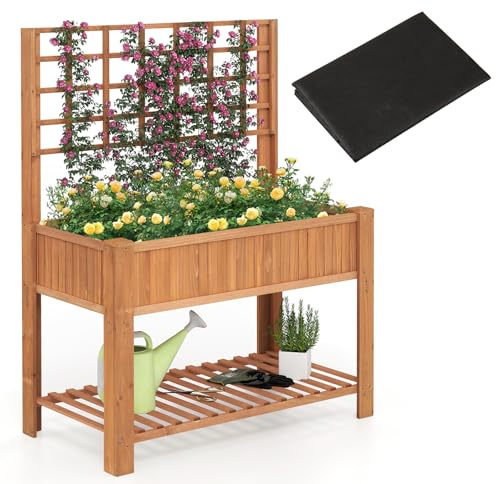 COSTWAY Hochbeet mit Spalier und Ablage, Blumenbeet mit Ablauflöchern, Gartenbeet Pflanzkasten Holz, Blumenkasten mit Rankgitter für Kletterpflanzen, Garten Balkon Terrasse, 116 x 59 x 150 cm (Braun)