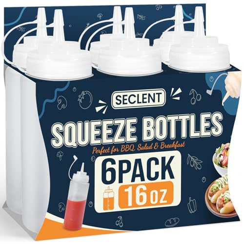 SECLENT 16 oz Condiment Squeeze Bottles, Squirt Bottles for Sauces, Ketchup, Plastic Squeeze Bottle for Liquids, Leak Proof, Dressing Bottle for Syrup, Pancake Batter, oil, Arts and Crafts, Pack of 6