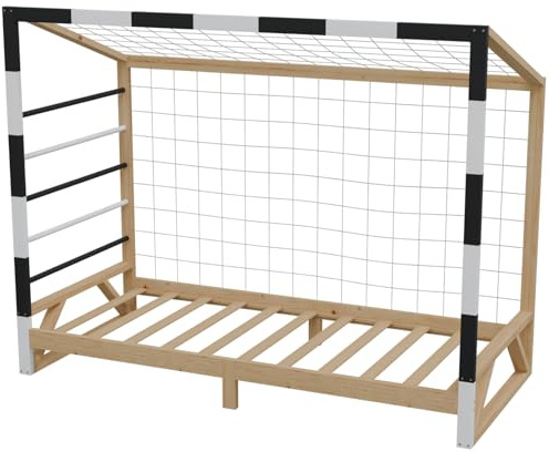 HAGO24 | Kinderbett Fußballtor | Kiefernholz | 90x200cm | Tornetz | Kletterstangen | Lattenrost | Holzrahmen | Kickerbett | Schwarz Weiß | Belastbar 100kg