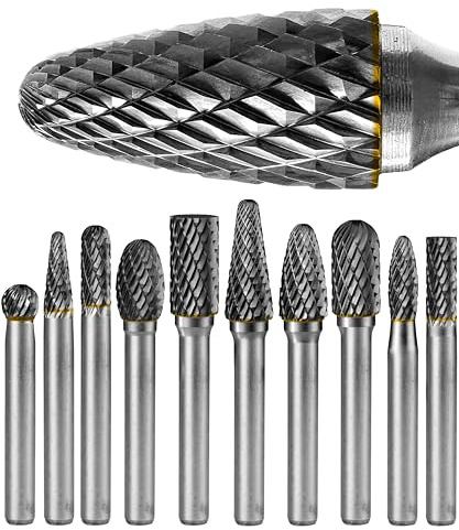 10Pcs Carbide Burr Set 1/4 Shank w/Clear Box Head Dia 8mm Die Grinder Bits Rotary Tools Attachment Kit Rasp File Accessories Metal Wood Stone Steel Grinding Deburring Cutting Porting Carving