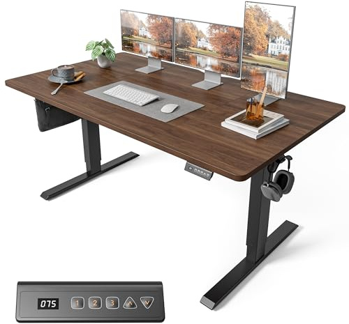 FEZIBO Electric Height Adjustable Standing Desk with digital display control panel, 80x160 Ergonomic Home Office Table for sit stand with 4 Pieces Splice Board & BlackWalnut Wood Grain Surface