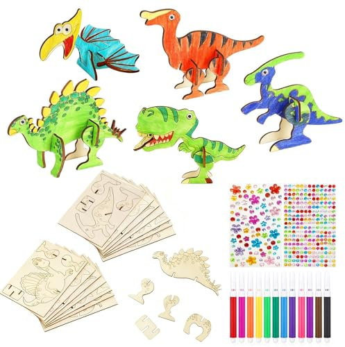 Euablfo 16 Stück Dino Bastelset Holz, 3d Dinosaurier Puzzle zum Bemalen mit Aquarellstift & Edelsteinaufkleber