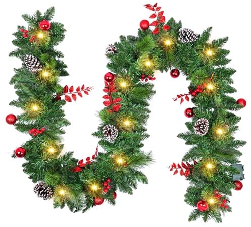 Nexalite 2.7M Tannengirlande mit Beleuchtung: Weihnachtsbaum Girlande mit 30 LED, Wasserdichter Timer-Batteriekasten Weihnachtsdeko Balkon für Haus Treppen Kamin Haustür Terrasse und Gärten