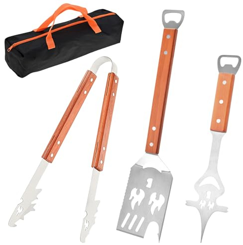 MFUSUL 4 Pezzi Set Accessori Barbecue in Acciaio e Legno, Spatola per Piastra Forata, Pinze da Cucina, Borsa Portaoggetti, Attrezzi Barbecue Professionali per Grigliate e Cucina All'aperto