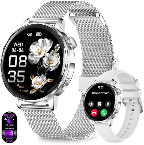 Smartwatch Damen Rund mit Telefonfunktion, 1.27 HD Smartwatches mit SpO2, 24H Pulsuhr Blutdruck Schlafmonitor, Fitness Tracker 120+ Sportmodi Schrittzähler für iOS Android, IP68 Wasserdicht Silber