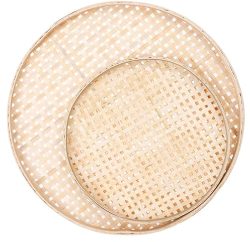 Beige, Tamis Rond en Bambou Tissé à Main, Lot de 2 | Texture Naturelle, Forme Ronde Rustique, Usage la Cuisine et Décoration Intérieure