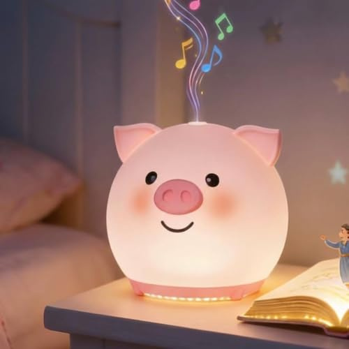 OHAANYY Schwein LED Nachtlicht, Bluetooth Lautsprecher & Weißes Rauschen | Aus weichem Silikon, Touch-Steuerung, USB Akku & Timer, Einschlafhilfe für Babys & Kinder