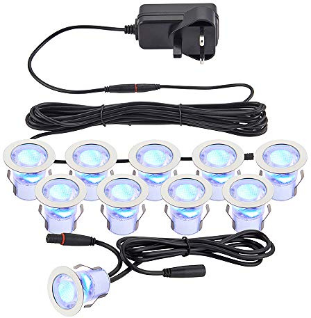Betta Led Garden Decking Lights – Outside Plinth Deck Lighting – IP44 Rated Recessed Lights for Garden, Porch, Kitchen, Steps – 10 x 30mm LED Blue Lamp – Stainless Steel