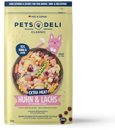 Pets Deli Extra Meat Trockenfutter für Katzen mit Huhn & Lachs, 2kg | Hoher Fischanteil, gut verdaulich, mit MSM für die Gelenke & Präbiotika, getreidefrei, ohne Zucker, Premium Qualität
