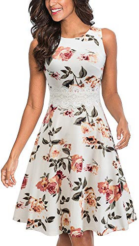 HOMEYEE Robe de Cocktail au Genou brodée Florale sans Manches à col Ras du Cou pour Femme UKA079 (M, Blanc + Floral)