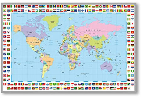 Postereck - 0609 - Politische Weltkarte, Flaggen Länder Kontinente - Unterricht Klassenzimmer Schule Wandposter Fotoposter Bilder Wandbild Wandbilder - Leinwand - 100,0 cm x 75,0 cm