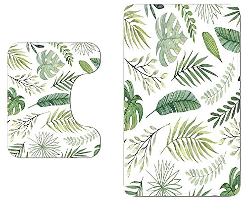 2 Piece Bath Rugs Tropical Palm Leaves Green Plant Pattern Bathroom Mat Set Non Slip Bath Mat Machine Washable