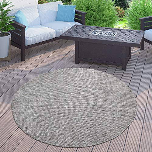 Paco Home Outdoor Teppich Flachgewebe Sisaloptik Modern Einfarbig meliert wetterfest & pflegeleicht Küchenteppich Ideal für Terrasse Balkon Garten, Grösse:160 cm Rund, Farbe:Grau