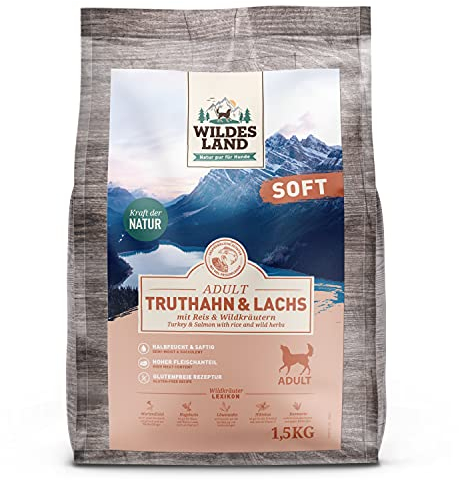 Wildes Land - Halbfeuchtes Trockenfutter für Hunde - Truthahn & Lachs - 1,5 kg - Soft mit Reis und Wildkräutern - Glutenfrei - Extra viel Fleisch - Für alle Hunderassen - Beste Akzeptanz