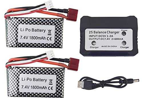 2PCS 7.4V 1800mAh Lipoakku mit 2 in 1 Ladegerät für WLTOYS A959-B A969-B A979-B K929-B 144001 Hochgeschwindigkeits-Auto RC Drohne Modellschiff Modell Hohe Vergrößerung T-Kopf li-akku