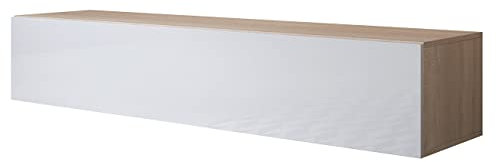 MUEBLES BONITOS Meuble TV suspendu modèle Luke H2 | Largeur 160 x Hauteur 30 x Profondeur 40 cm | Meuble en mélamine brillant | Couleur sonoma et blanc