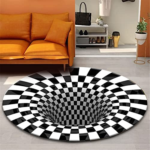 GOODLUKY 3D Teppich Rund rutschfest Fußmatte 3D Teppich Optische Täuschung Loch Teppich Schwarz-Weiß Karierter Vortex Illusions Teppich Für Wohn-Esszimmer Schlafzimmer Küche Indoor Outdoor,3,60cm
