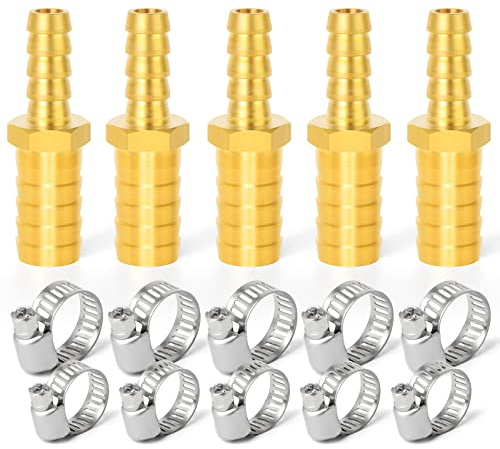 ERGAOBOY 5 Pezzi 6 mm x 12 mm Ottone Riduttore Portagomma Connettore, Raccordo Tubo Dritto a 2 Vie con 10 Pezzi Morsetti