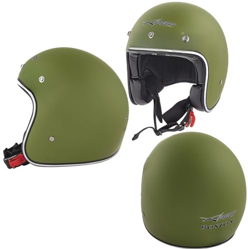 A-Pro Casco Jet Moto Omologato ECE 22-06 Custom Verde Opaco Scooter Militare Taglia S