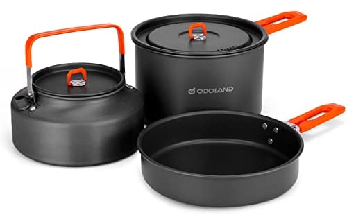 Odoland Utensilios Cocina Camping Kit, Juego de Ollas de Camping 4 L, Hervidor 2 L, Sartén 1.5 L, Ollas y Sartenes para Cocinar al Aire Libre Camping Senderismo Viajar