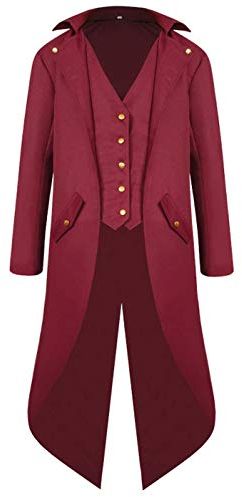 Halloween Mittelalter Viktorianische Jacke Kostüme für Männer, Steampunk Gothic Frack Mantel Uniform, Renaissance Piraten Vampir Party Cosplay Kostüme for Herren Erwachsene(Rot,M)