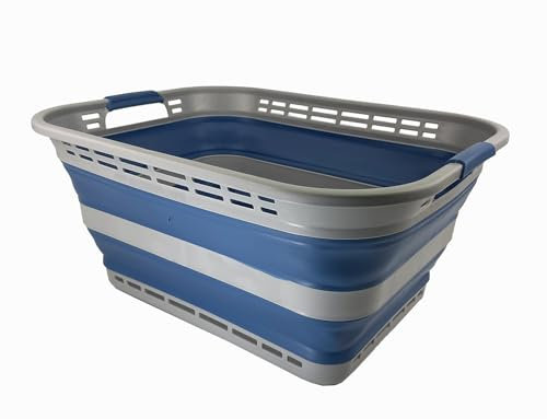 SAMMART 42L zusammenklappbarer Wäschekorb aus Kunststoff – faltbarer Pop-Up-Aufbewahrungsbehälter/Organizer – tragbare Waschwanne – platzsparender Korb/Korb (Grau/Nebelblau)