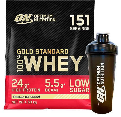 Optimum Nutrition Gold Standard 100% Whey Proteine Isolate in Polvere con Aminoacidi per Sviluppo e Recupero Muscolare Gusto Gelato alla Vaniglia 151 Porzioni 4,53Kg + Shaker