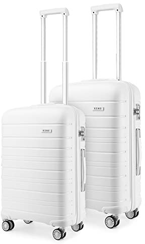 Kono 2-teiliges 55cm+65cm Handgepäck Koffer Hartschalen-Koffer-Set Leichter Reisetrolley Polypropylen-Reisewagen mit TSA-Schloss und Spinner-Rädern (Weiß)