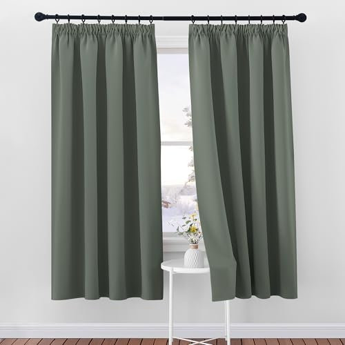 PONY DANCE Thermovorhang Hitzeschutz mit Kräuselband 2er Set H 175 x B 140 cm Blickdichte Vorhänge für Schienensystem Schlafzimmer Gardinen Verdunkelung Thermal Curtains, Graugrün