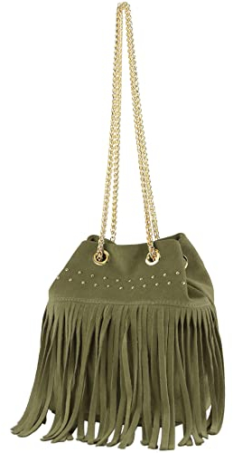 modamoda de T244 Damen Schultertasche Wildleder mit Fransen und Goldkette handmade in Italy, Farbe:Olivgrün