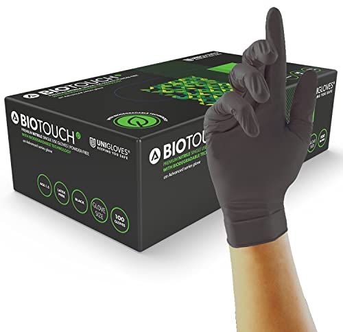 Unigloves Biotouch GM0095 Guanti Monouso Biodegradabili in Nitrile - Multiuso – Senza Lattice né Polvere - Guanti Adatti per Ambiti Medici – Touchscreen - Neri - Taglia XL (100 Guanti)