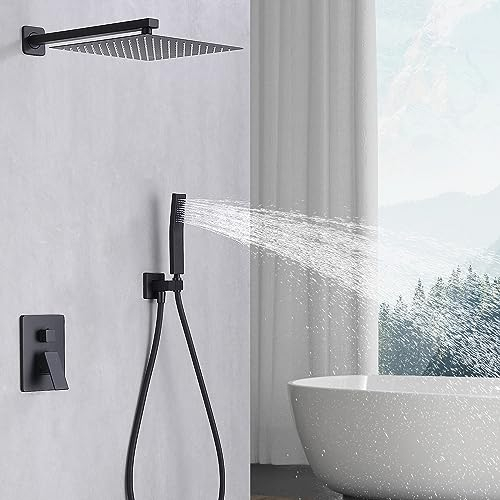 HOMELODY Sistema de ducha negro empotrado, grifo de ducha empotrado, color negro, sistema de ducha antiescaldaduras, incluye alcachofa de ducha de 30 cm x 30 cm, cuerpo de latón