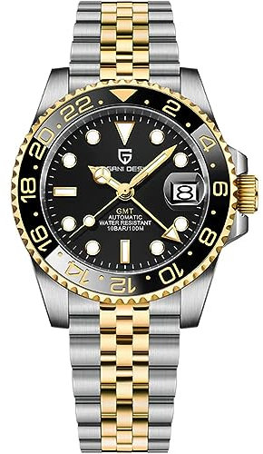 CADISEN Pagani Design Herren Automatik Mechanische Uhr Top Marke Edelstahl Saphirglas Taucheruhr Sport Geschenk Reloj Hombre 1662 GMT, Jubilee Gold, Taucher, mechanisch