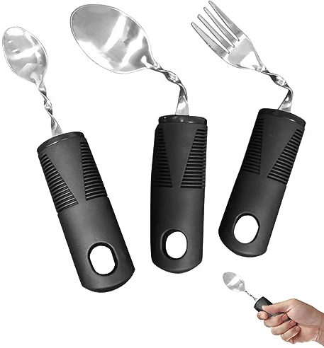 Esslöffel, adaptive Utensilien 3PCS Edelstahl Spiegelpolieren Biegbares flexibles gebogenes Besteck Geschirr mit Kunststoffgriff Behindertes Besteck für ältere Patienten