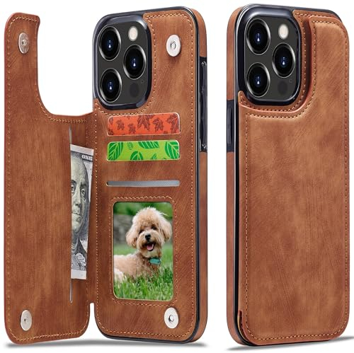 Sibada Multi-Funktionen Retro Leder Magnetic Kartenhalter Handyhülle für iPhone 15 Pro Klappbar mit Card Slot Snap RFID Kartenhalter Ständer Schutzhülle Kartenhüllen - Braun