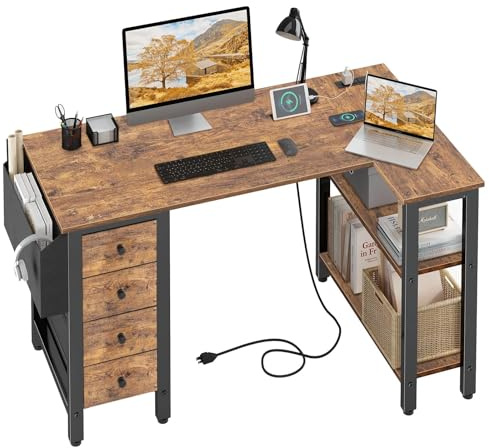 Lufeiya Bureau d'ordinateur d'angle en forme de L avec tiroirs et étagères de rangement, bureau d'ordinateur avec prise électrique, bureau à domicile, chambre à coucher, bureau de jeu en forme de L