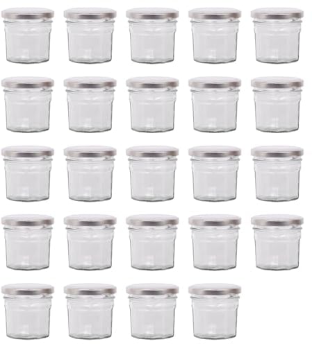 Argon Tableware Glass Jam Jars with Airtight Silver Lids - 90ml - Pack of 24 - Empty Screw Top Kitchen Storage Jar for Food, Honey, Spice, Pickling, Preserving, Candle Making