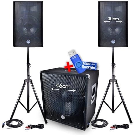 PACK Sono BMS-1812 2400 W SUB attivo 46 cm - 2 altoparlanti 30 cm + cavi + chiavetta USB 32 GB