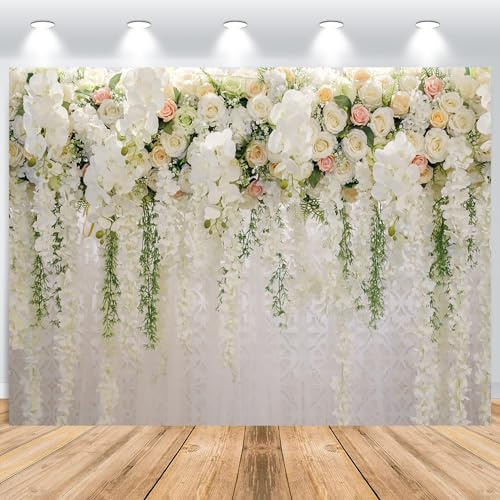 ASDCXZ Blumenwand 3x2.5m, Rose Weiß Grün Blume Wand Spitze Fotowand, Vinyl Fotobox Hintergrund für Hochzeit Geburtstag Brautdusche Party, Portrait Fotostudios
