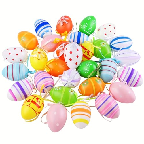 24 Bunte Ostereier zum Aufhängen, Ostereier Kunststoff, Ostereier für Innen und Außen Osterdeko, Osterstrauchdeko, Ostern Deko mit Tollen Oster-Motiven