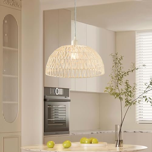 KRIPINC Rattan Hängelampe, E27 Rattan Lampe, Lampenschirm Korb, Bambus Lampenschirm, Boho Lampenschirm, Pendelleuchte Boho für Küche, Restaurant, Flur, Treppenhaus (Ø30cm, Weiß)