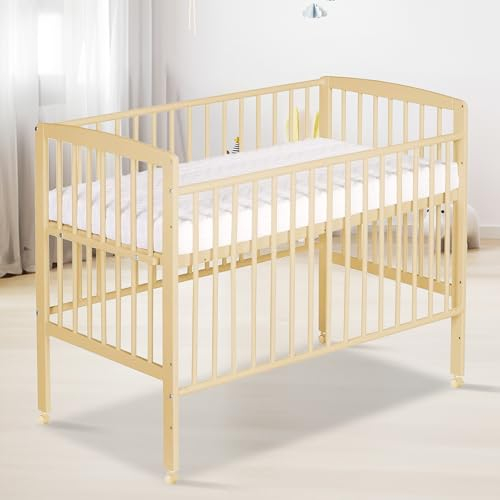 Schardt - Baby Beistellbett Micky Plus mit Rollen - Natur lackiert - Bett 60×120 cm - Stufenlos Höhenverstellbar - Gitterbett inkl. Umbauseiten und Sicherheitsgurtsystem (Natur Lackiert mit Rollen)