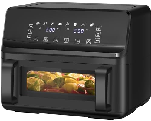 LLIVEKIT Friteuse sans Huile 9 L, Air Fryer Double Compartiment, 2x4,5 L, Friteuse Air Chaud Électrique, avec Cloison Amovible, 8 Programmes, Écran Tactile, 80-200°C, 1-60 min, 2500 W, Noir