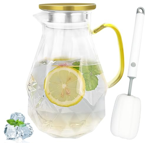 Gentpovth 2.2 Liter Karaffe Mit weicher Reinigungsbürste, Karaffe aus Borosilikatglas mit Deckel Edelstahl, Rautenmuster Wasserkrug für Heißes Kaltes Wasser, für hausgemachte Getränke, Eistee, Wein
