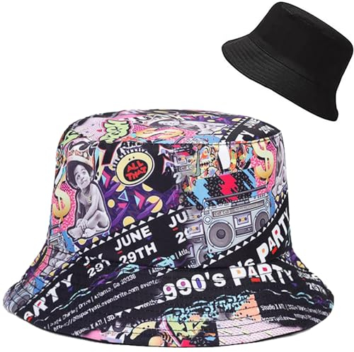 Malaxlx Damen 80er 90er Party Muster Fischerhut Bucket Hat Anglerhut Sonnenhut Reversibel Fischerhüte Sommerhut Faltbarer Strandhut Draussenhut