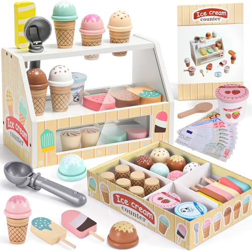 Atoylink Heladería de Madera Juguete para Niños Incluye Conos Sabores Accesorios Mostrador Comida Juguete Alimentos de Juguete Accesorios de Cocina Juegos Educativos Regalo para Niñas 3 4 5 6 7 Anos