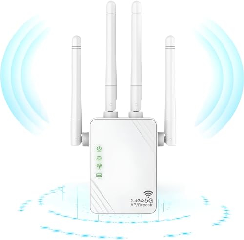 ANDHOT Extensor WiFi, repetidor WiFi 2024, Amplificador WiFi 1200mps, intensificador WiFi de Doble frecuencia 5ghz y 2,4ghz, Modo repetidor/Router/Ap, 4 Antenas, Adecuado para oficinas