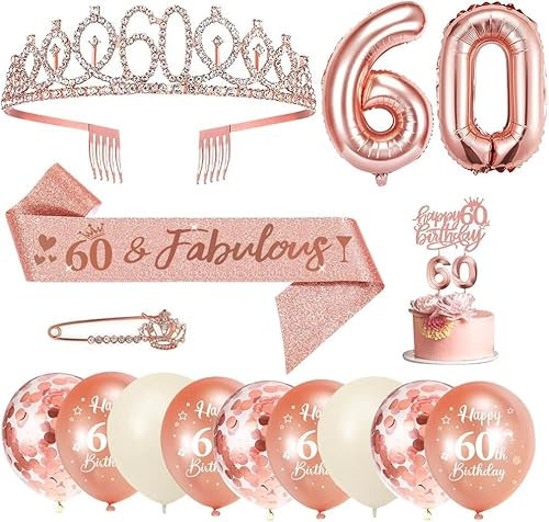 60. Geburtstag Frauen, 60 Geburtstag Schärpe und Tiara Rose Gold, Geburtstag Luftballon Zahlen, Geburtstagskerzen Zahlen, Happy Birthday Tortendeko für Frauen Geburtstagsdeko