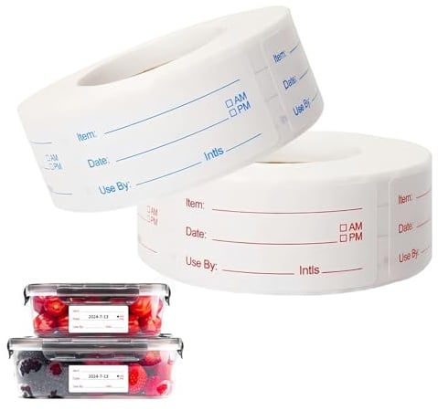Removable Food Stickers,2 Rolls 1000 Pieces 1x2 Inch Freezer Labels with Date,Kitchen Stickers for Food Storage,Canning,Jars,Pantry,Meal Containers,Perfect for Reducing Waste(Red & Blue)