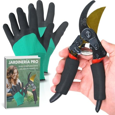 SAIRUTSA Tijeras de podar de mano - Acero inoxidable y Titanio - Guantes de jardineria - Tijeras de Jardineria Profesionales de Bypass - E-book Jardineria - Bolsa de Trasporte - Setos y Flores